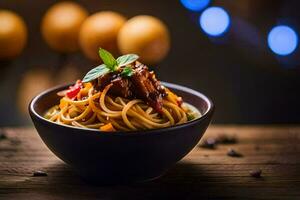 un' ciotola di tagliatelle con carne e verdure. ai-generato foto