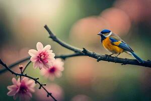 un' blu e giallo uccello si siede su un' ramo con rosa fiori. ai-generato foto