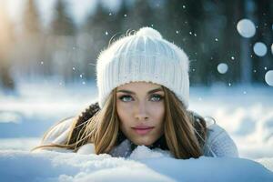 un' bellissimo donna posa nel il neve. ai-generato foto