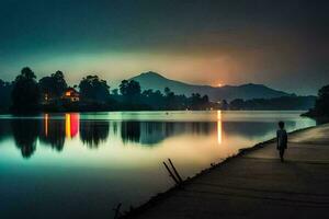 un' uomo a piedi lungo il riva di un' lago a notte. ai-generato foto