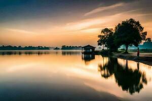 un' lago a tramonto con un' Casa su il costa. ai-generato foto