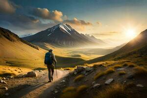 un' uomo passeggiate su un' sentiero nel il montagne. ai-generato foto