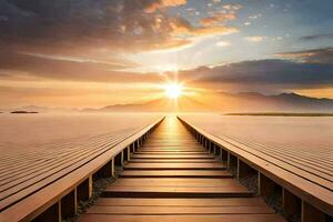 un' di legno ponte conduce per il sole. ai-generato foto