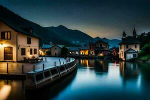 foto sfondo il cielo, acqua, montagne, case, lago, il notte, il villaggio,. ai-generato