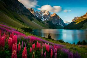 il lago è circondato di rosa fiori e montagne. ai-generato foto