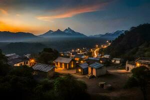 il villaggio a tramonto nel il montagne. ai-generato foto