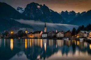 foto sfondo il cielo, montagne, lago, cittadina, nebbia, nebbioso, nebbioso lago. ai-generato