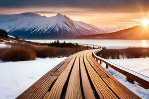 un' di legno passerella conduce per un' lago e montagne. ai-generato foto