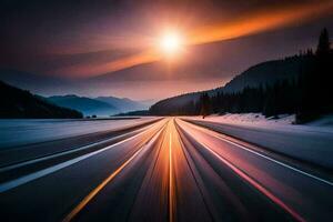 un' lungo esposizione fotografia di un' strada nel il montagne. ai-generato foto