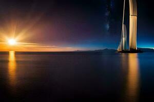 un' barca a vela nel il oceano a tramonto. ai-generato foto