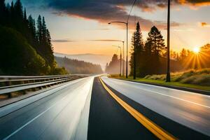 un' autostrada con il sole ambientazione dietro a esso. ai-generato foto