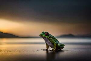 un' rana seduta su il spiaggia a tramonto. ai-generato foto