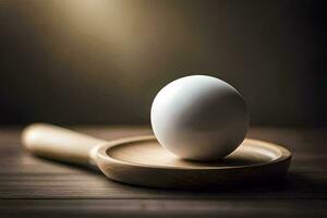 un uovo su un' di legno cucchiaio. ai-generato foto