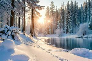 inverno paesaggio con neve coperto alberi e un' fiume. ai-generato foto