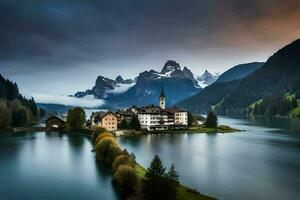 un' bellissimo lago e montagna gamma nel il sfondo. ai-generato foto