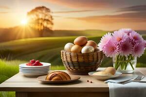 prima colazione su il tavolo con fiori e uova. ai-generato foto