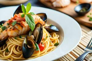 un' piatto di pasta con frutti di mare e cozze. ai-generato foto