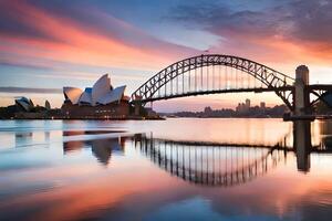 il sydney musica lirica Casa e ponte a tramonto. ai-generato foto