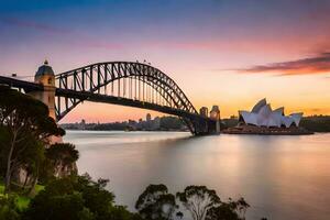 il sydney musica lirica Casa e ponte a tramonto. ai-generato foto