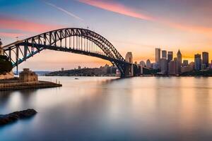 il sydney porto ponte a tramonto. ai-generato foto