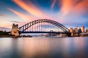 il sydney porto ponte a tramonto. ai-generato foto