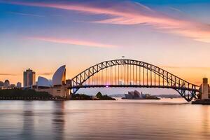 il sydney musica lirica Casa e il sydney porto ponte a tramonto. ai-generato foto