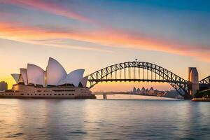 il sydney musica lirica Casa e ponte a tramonto. ai-generato foto