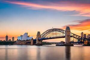 il sydney musica lirica Casa e sydney ponte a tramonto. ai-generato foto