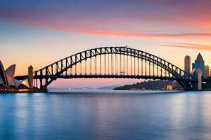 il sydney porto ponte e musica lirica Casa a tramonto. ai-generato foto