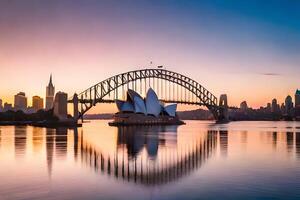 il sydney musica lirica Casa e sydney ponte a tramonto. ai-generato foto