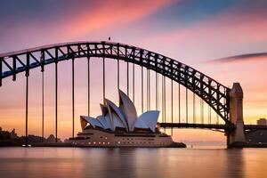 il sydney musica lirica Casa e ponte a tramonto. ai-generato foto