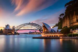 il sydney musica lirica Casa e ponte a tramonto. ai-generato foto