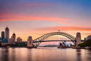 il sydney musica lirica Casa e sydney ponte a tramonto. ai-generato foto