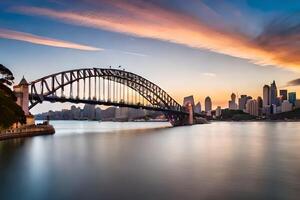 il sydney porto ponte a tramonto. ai-generato foto