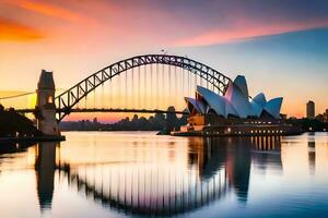 il sydney musica lirica Casa e ponte a tramonto. ai-generato foto