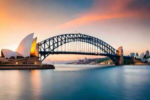 il sydney musica lirica Casa e ponte a tramonto. ai-generato foto