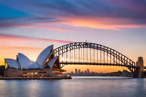 il sydney musica lirica Casa e ponte a tramonto. ai-generato foto