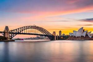 il sydney musica lirica Casa e ponte a tramonto. ai-generato foto