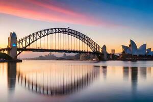 il sydney porto ponte e musica lirica Casa a tramonto. ai-generato foto