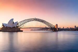 il sydney musica lirica Casa e ponte a tramonto. ai-generato foto