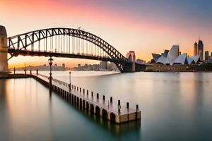 il sydney porto ponte e sydney musica lirica Casa a tramonto. ai-generato foto