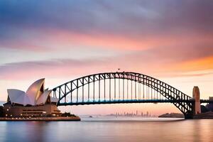 il sydney musica lirica Casa e ponte a tramonto. ai-generato foto