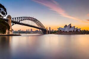 sydney musica lirica Casa e sydney ponte a tramonto. ai-generato foto