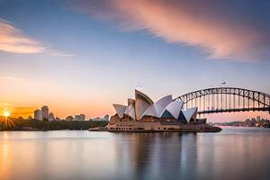 il sydney musica lirica Casa e il sydney porto ponte a tramonto. ai-generato foto