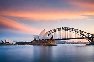 il sydney musica lirica Casa e ponte a tramonto. ai-generato foto