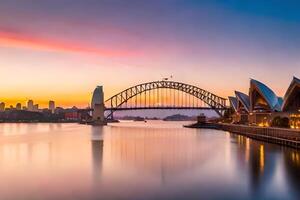 il sydney musica lirica Casa e sydney ponte a tramonto. ai-generato foto