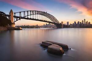 il sydney porto ponte a tramonto. ai-generato foto