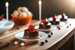 cioccolato dolci su un' di legno tavolo con candele. ai-generato foto