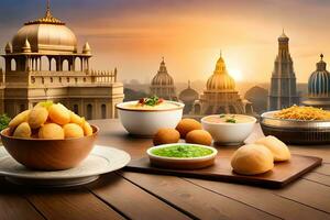 indiano cibo su un' tavolo con un' Visualizza di il città. ai-generato foto