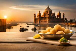 indiano cibo nel un' ciotola con un' Visualizza di il città. ai-generato foto